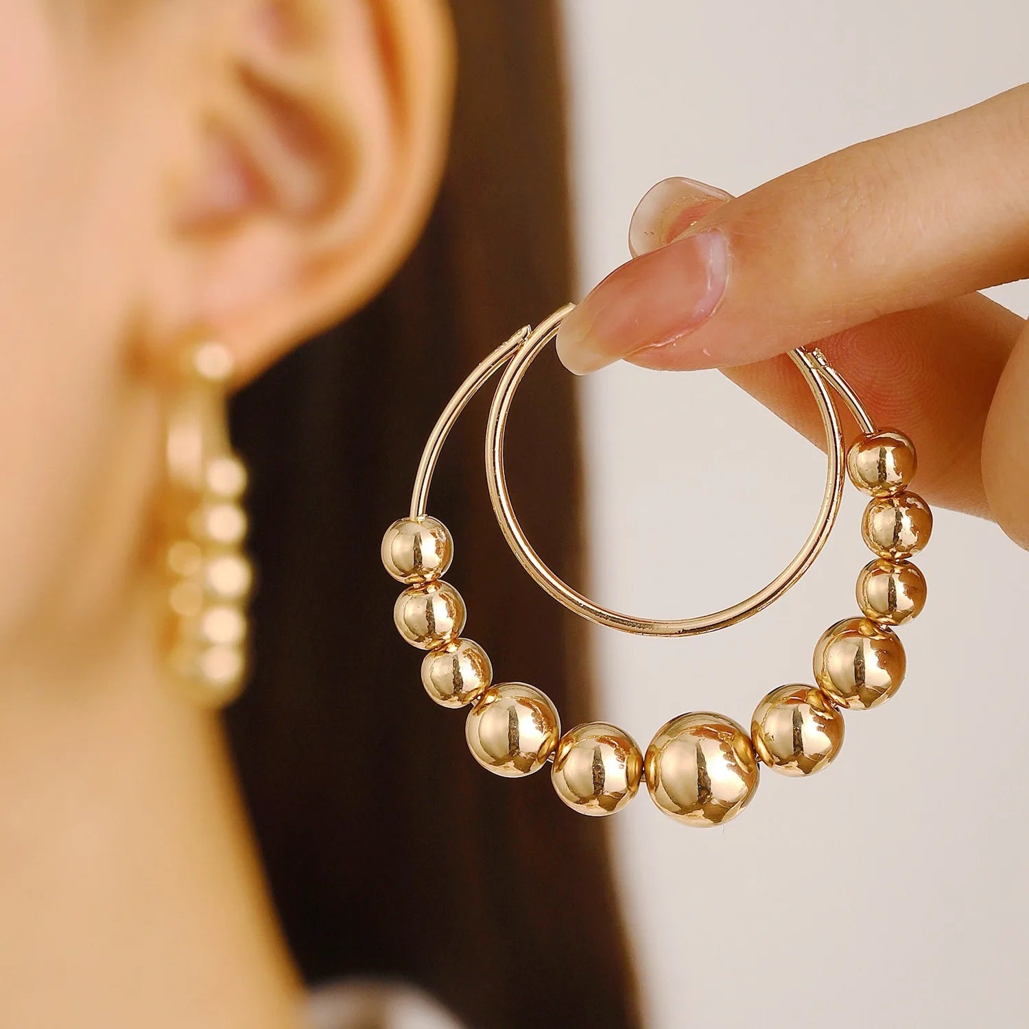 Wholesale Big Gold Plated Beaded Hoop Earrings Round Ball Drop Earrings DaintyJewelry Gifts for Women
