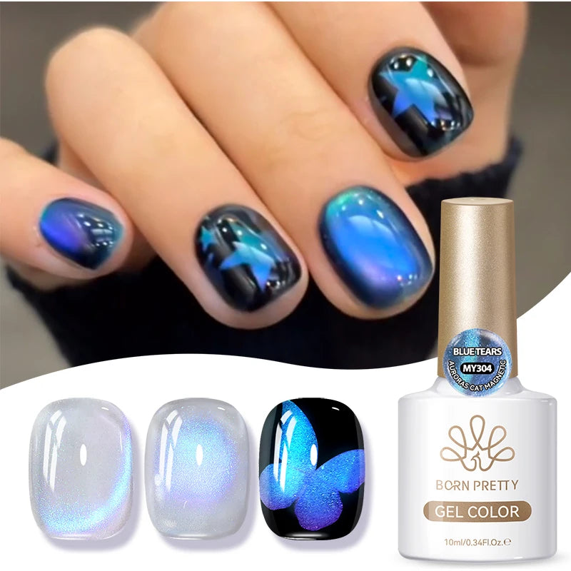 BORN PRETTY 10ml Jelly Blue Cat Eye Gel Polish Glitter Shimmer Glass Beads Cat Magnetic Gel Nail Art Varnish