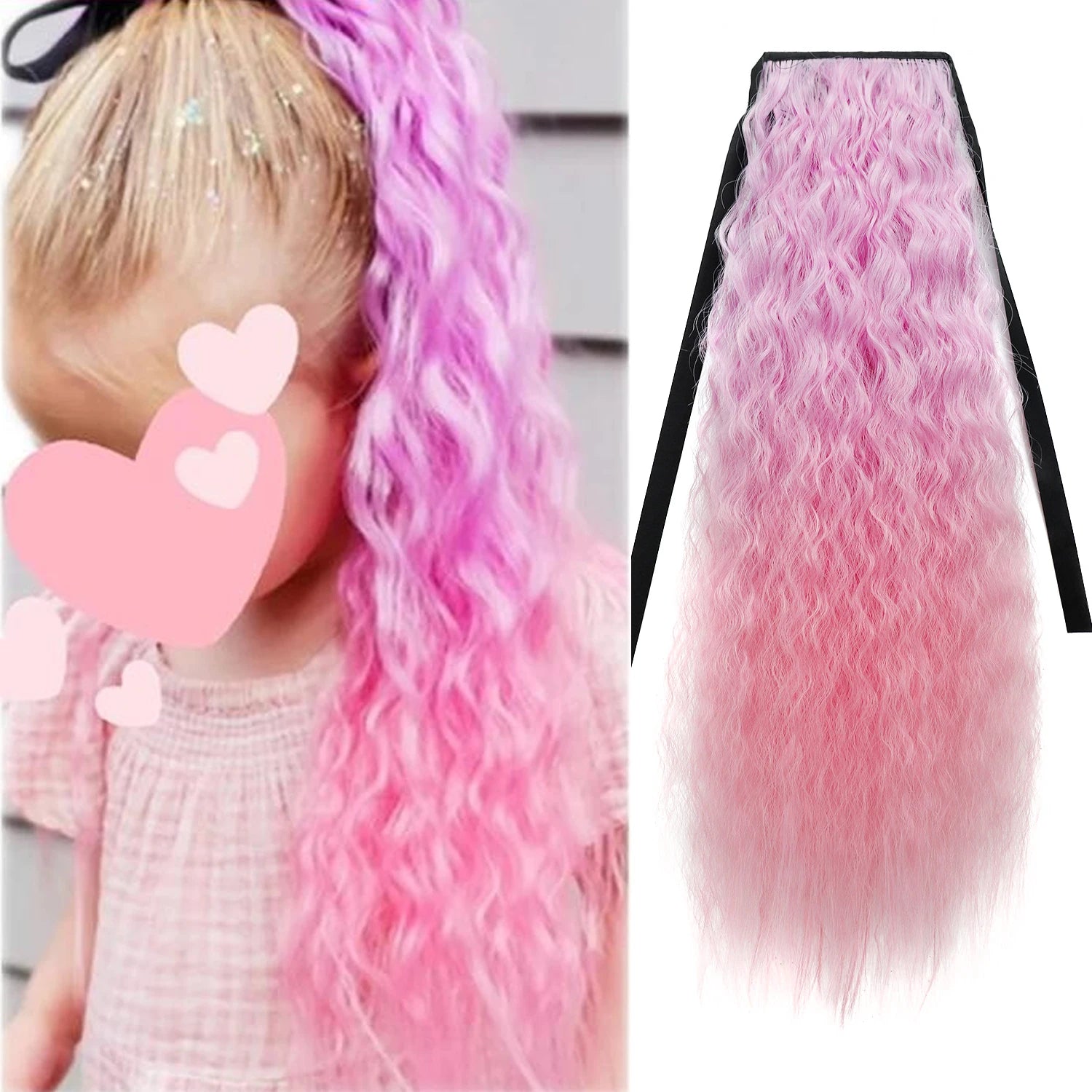 24Inch Synthetic Clip in Ponytail Extension Wavy Curly Ponytail With Ribbon for Kids