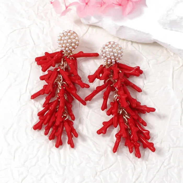 Trendy Pearl Enamel Red Color Coral Long Drop Earrings for Women Party Holiday Fashion Jewelry
