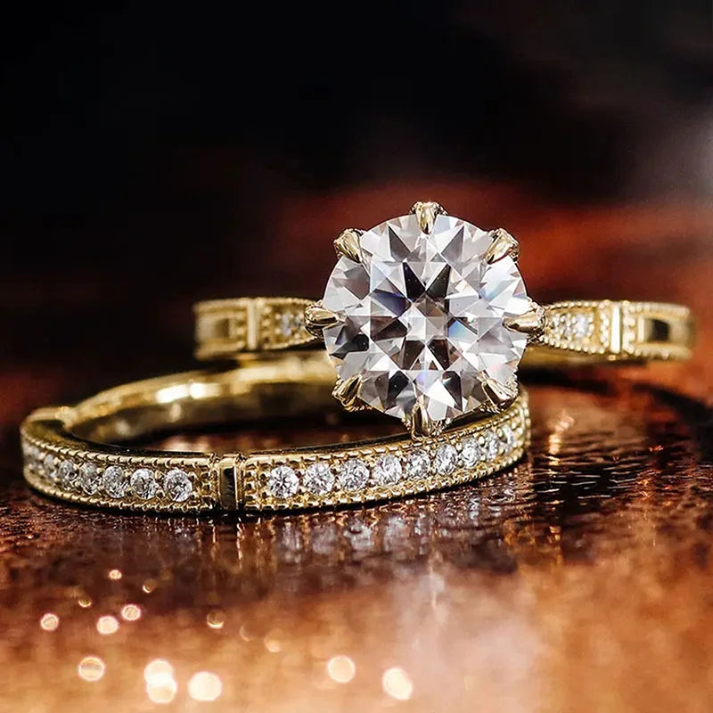 CAOSHI Customable Luxury Gold Plated Sparkling Imitated Diamond 2pcs Sets Rings for Bride Wedding Couple Rings for Women Jewelry