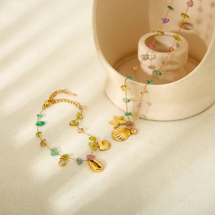 MC333 Wholesale 18K Gold Plated Stainless Steel Summer Beach Bracelet Jewelry Colored Stone Starfish Shell Pendant Girl Necklace