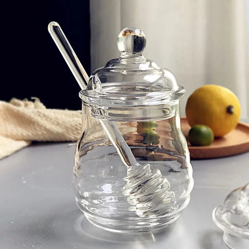 8.5 oz High Borosilicate Glass Container  Storage Bottle Bee Honey Jar with Custom logo and Lid Dipper