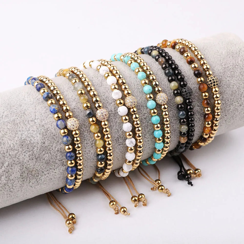 New Fashion Design Gemstone 4mm Tiger Eye Stainless Steel Gold Beads Double Strand Macrame Bracelet With Custom Logo JBS12427