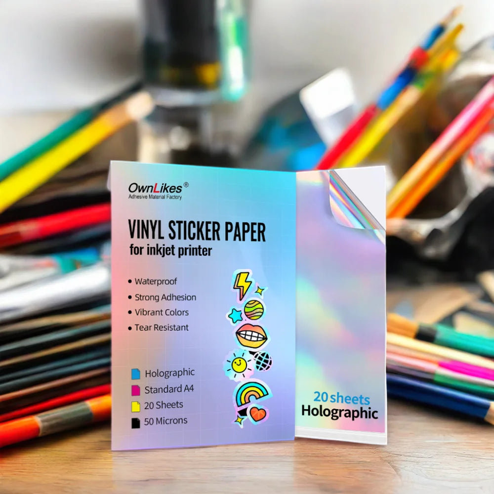 Rainbow Holographic Glossy White Vinyl Adhesive Sticker Paper 8.5x11 Inches Waterproof Printable Inkjet 135gsm 20 Sheets/Pack