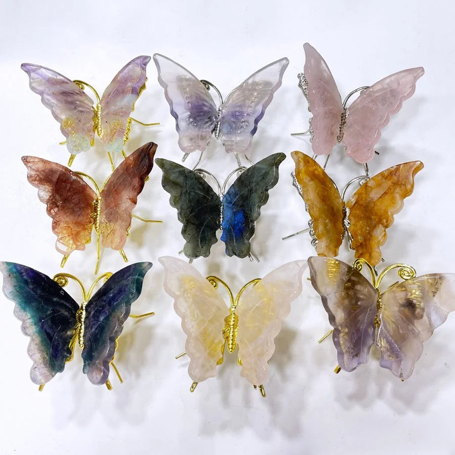 Natural Stone Crafts Ornaments Fluorite Energy Crystal Reiki Gift Engraved Healing Quartz Crystal Butterfly Carving