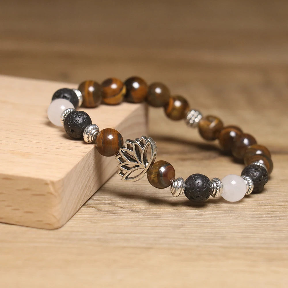 Unisex High Quality Trendy Bracelets Beaded Handmade Tiger Eye Healing Natural Stone Hematite Stainless Steel Charm Geometric