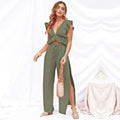 New Clothes Launch Womens Two PIece Sets Deep V Neck Short Ruffled Sleeve Crop Top Slit Pant Elegant Matching Clothes