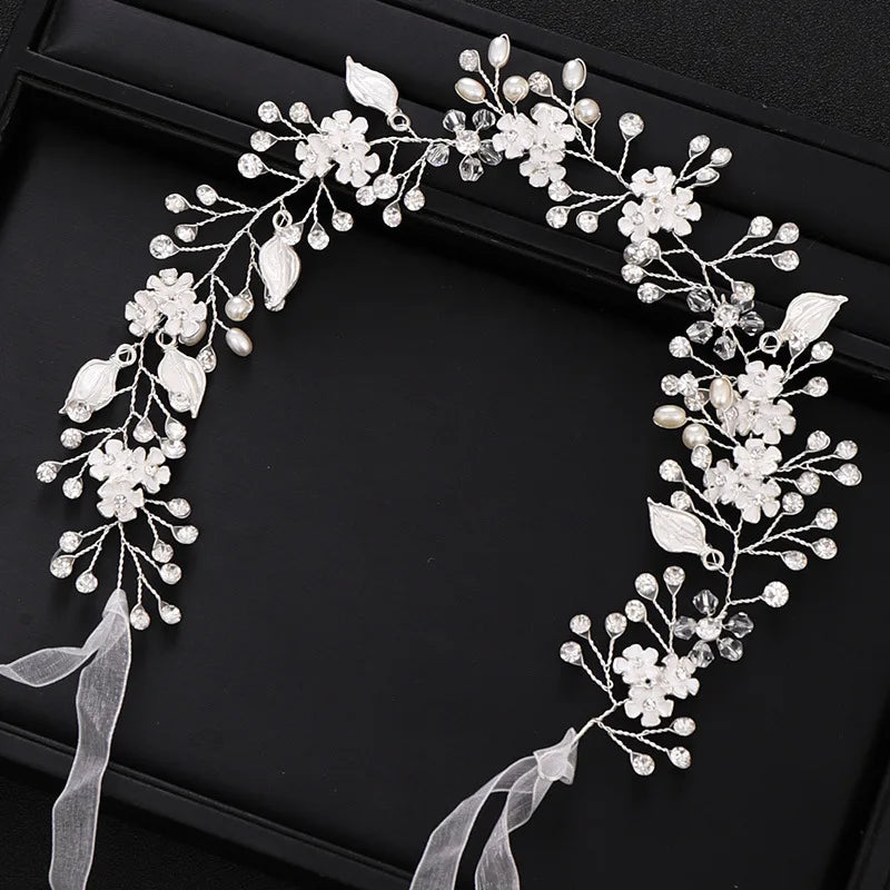 Pearl Crystal Headband Pink Flower Handmade Hairband Bridal Hair Accessories for Women