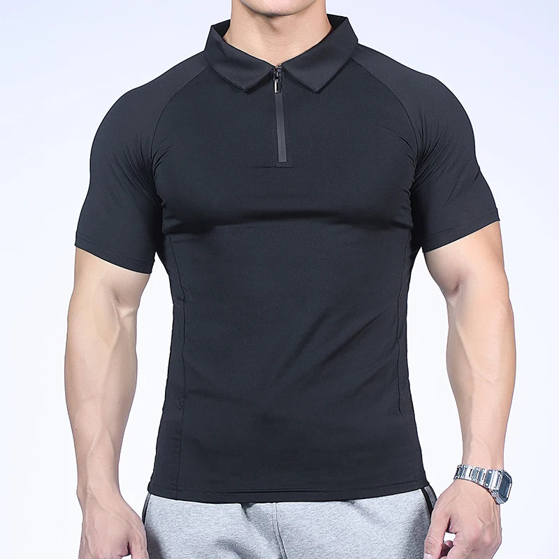 Men Sportswear Exercise Gym Shirt Tops Compression Shirt Fitness Trainer  Short Sleeve Zip Polo Shirts Custom logo