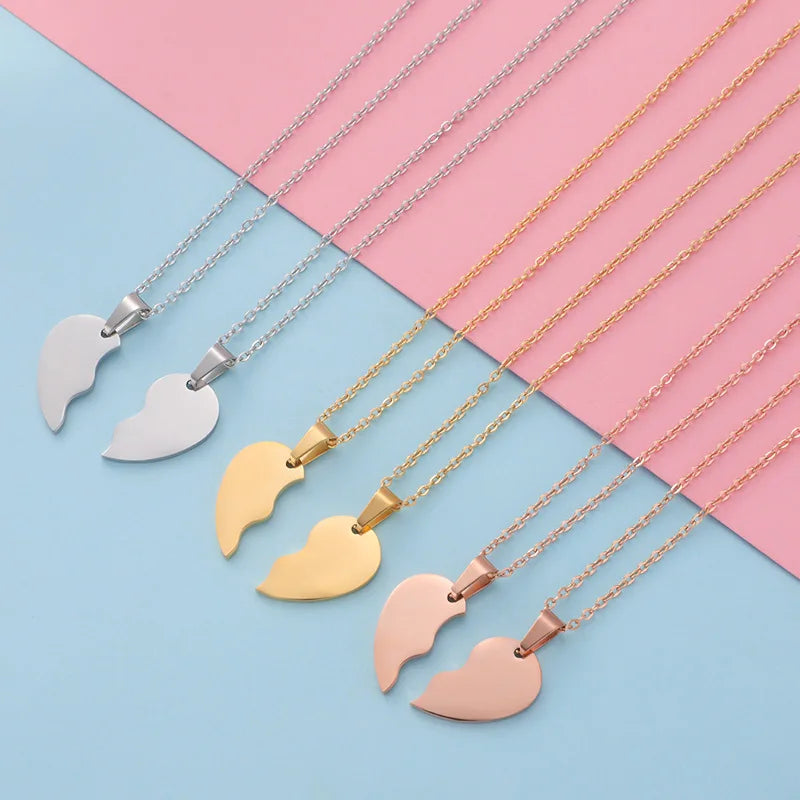 Custom Engravable Blank I Love You Stainless Steel Half Broken Heart Pendant Necklace for Couple