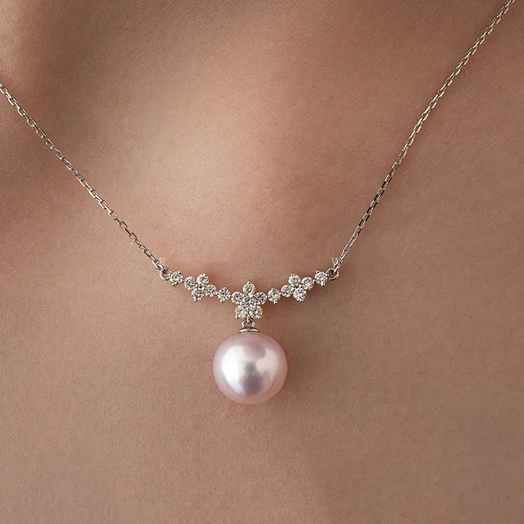 Luxury Fancy Elegant Pure 925 Sterling Silver CZ Shiny Zircon Round Single Pearl Pendant Necklace for Women Girls