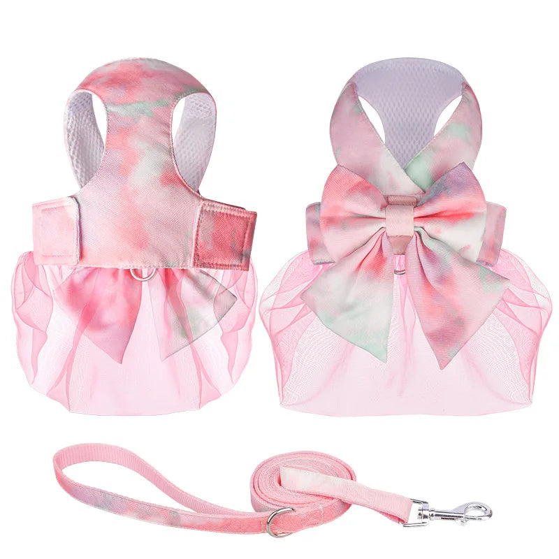 Dog Clothes Lace Skirt Harness Color Gradient Light Gauze Dog Dress Set Vest Bow Tie Dog Harness and Leash Puppy Skirt Harness