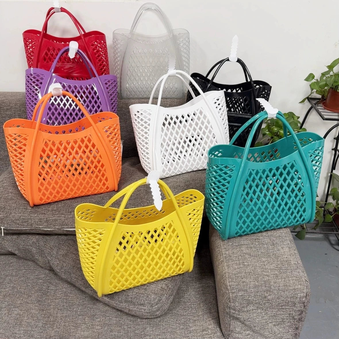 Custom Logo Fashion Jelly Bag Hollow Out Vegetable Basket Picnic Shopping Basket Eco-friendly PVC Beach Bag