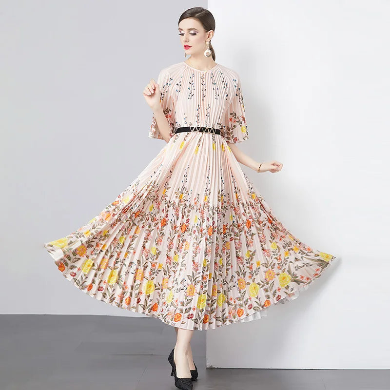 Women's Bohemian Floral Digital Printing Chiffon Knee-Length Summer Dresses 2024 Long Sleeve Beach Holiday