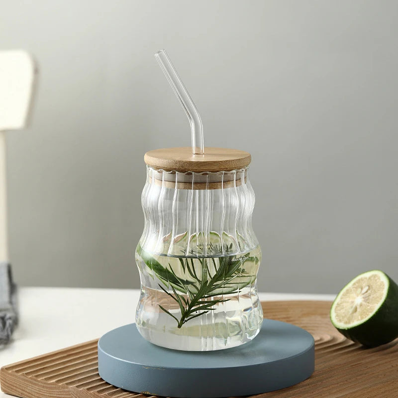 500ml Reusable High Borosilicate Vertical Stripes Glass Drink Tumblers With Bamboo Lids and Straw
