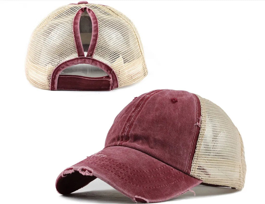 Acrylic Distressed Pony Tail Wash Dad Trucker Hat Baseball Hat Caps High Ponytail Hole Washable Sport Hats for Women Lady