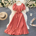 Retro Solid French square Neck Short Sleeve Waist Closing Thin Pleated Dress  Evening Dresses