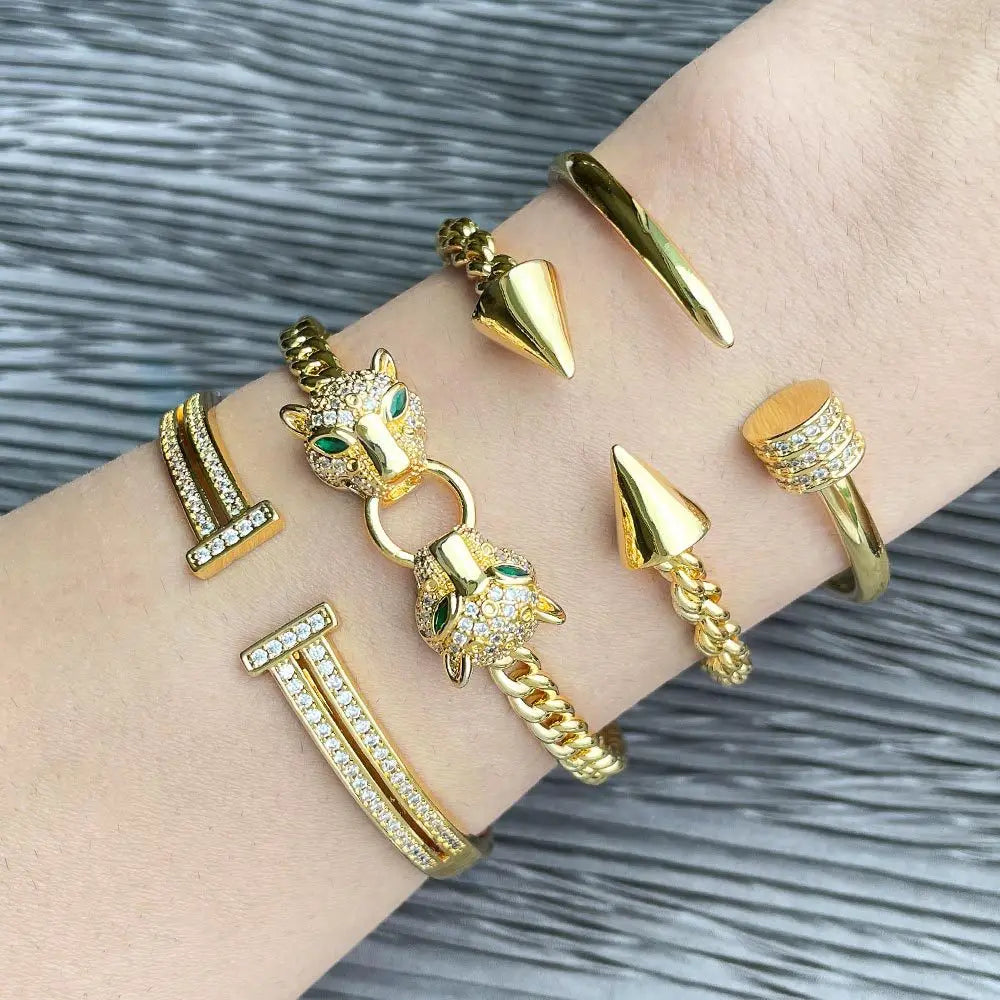 2022 Wholesale Fashionable Women Leopard Two Head 18K Gold Plated Nail Bracelet Bangle