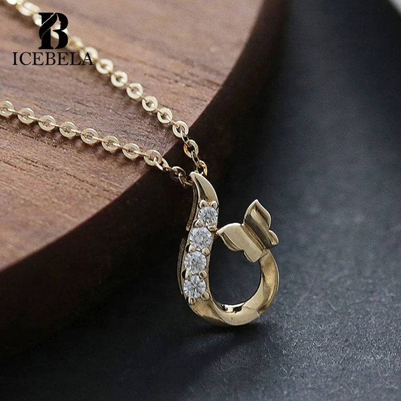 Fashionable S925 Sterling Silver Plated with 14K Gold Curved Drop-shaped Zircon butterfly Pendant Necklace for Women