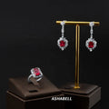 Luxury S925 Sterling Silver 5A Zircon Pigeon Blood Red Ring Women Vintage Bride Earrings Jewelry Set