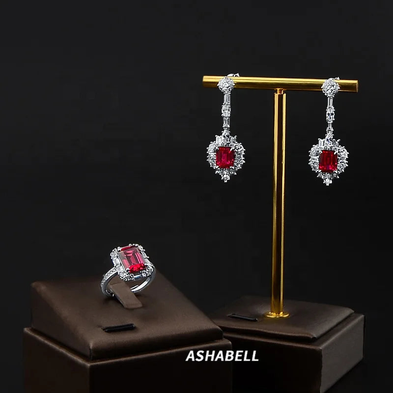 Luxury S925 Sterling Silver 5A Zircon Pigeon Blood Red Ring Women Vintage Bride Earrings Jewelry Set