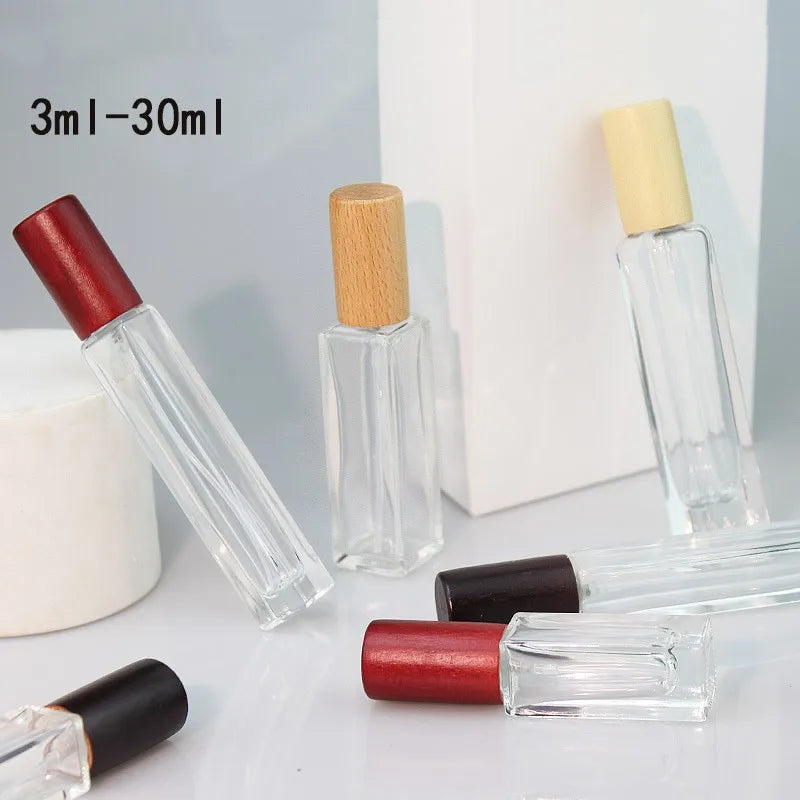 Hign-end Glass clear Frost Perfume Bottle 3ml 5ml 10ml 15ml 20ml 30ml Wooden Cover Sample Perfume Spray Bottles with Wooden Lid