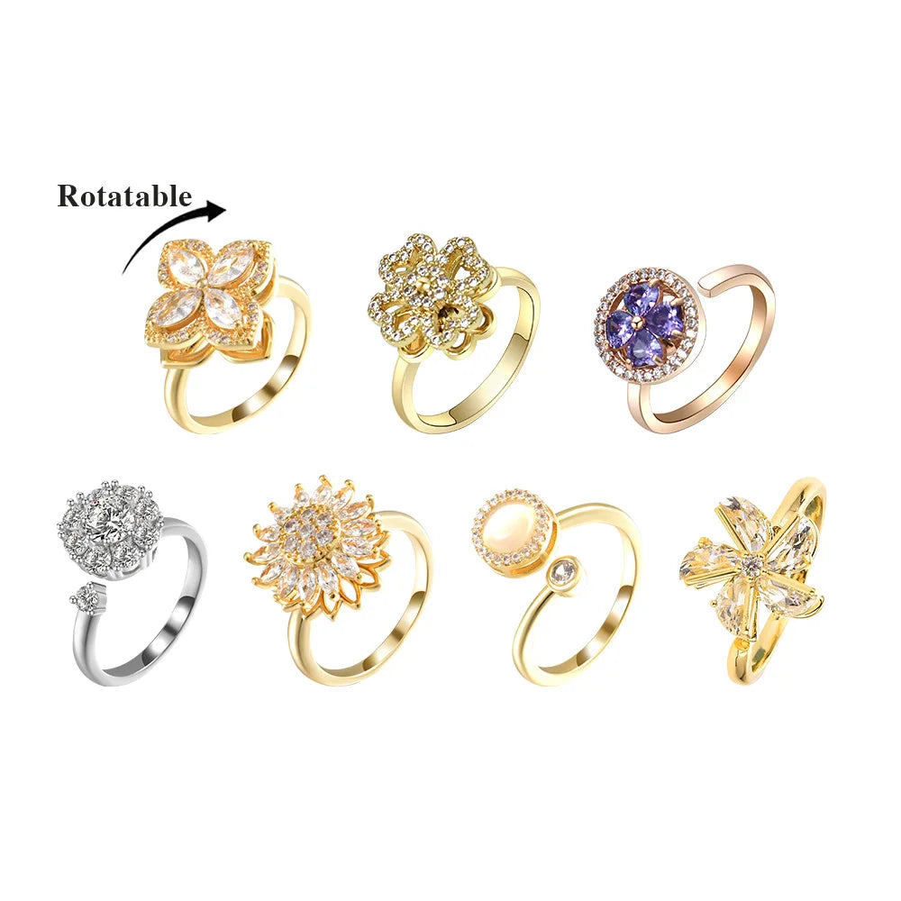 2022 Tiktok Hot Relieving Anxiety Stress Boredom Fidget Spinner Rings Cubic Zircon Adjustable Rotatable Spinner Rings for Women