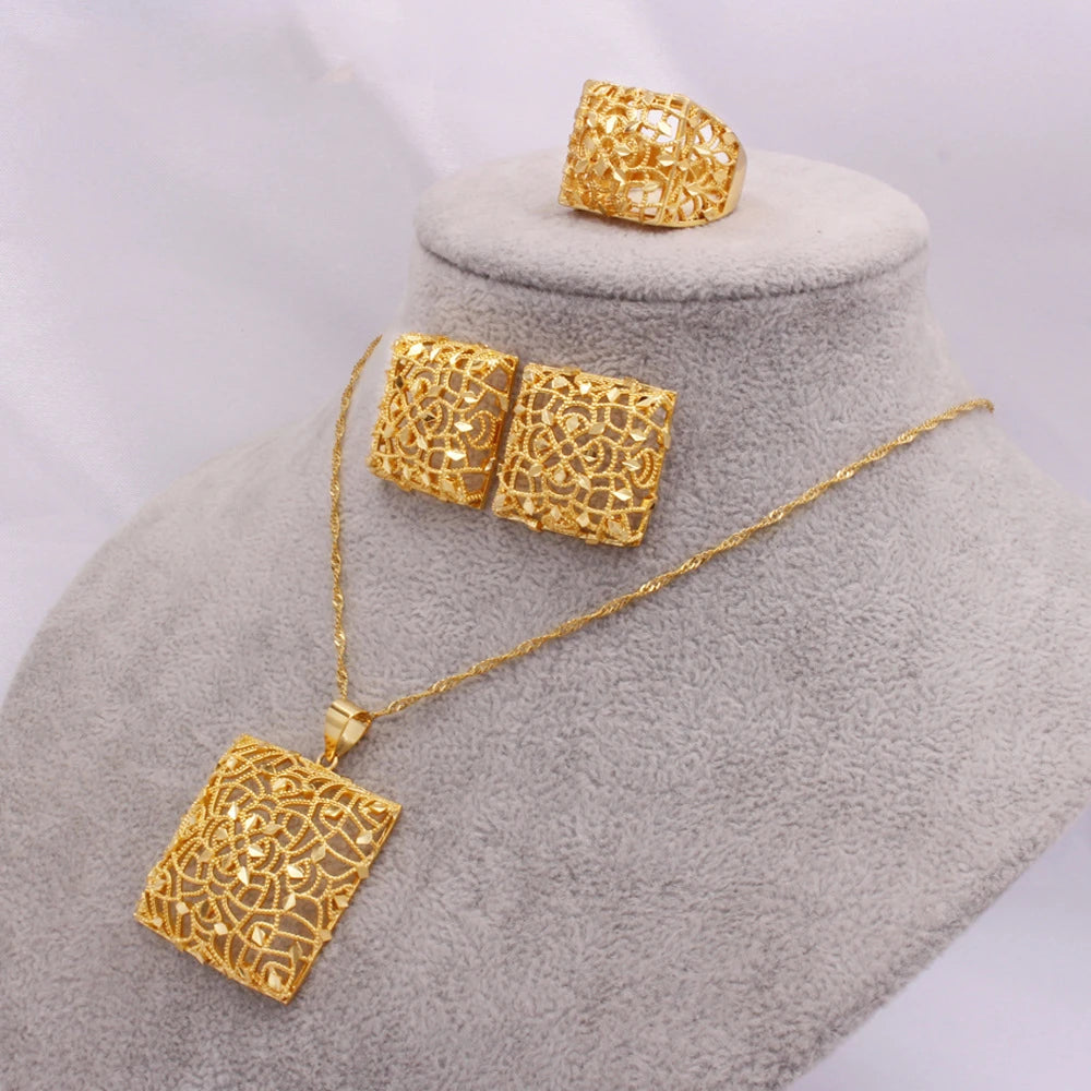 24K Gold Bridal Wedding Set Indian African-Inspired Necklace Earrings Ring for Women Gift for Middle Eastern Dubai Conjuntos De