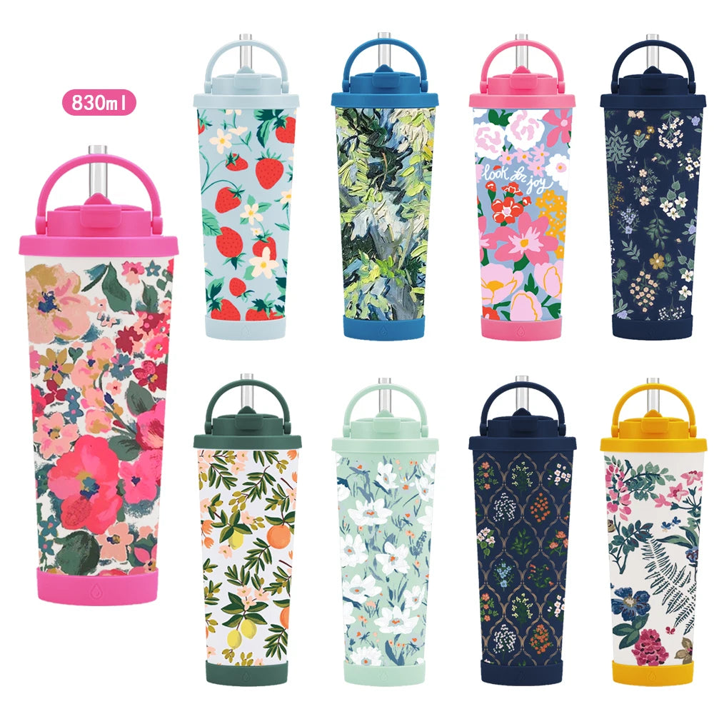 Flower Printed Straw Water Cup 830ml Capacity Insulated Cup With Portable Handle One Lid Double Bores Water Tumbler for Pearl