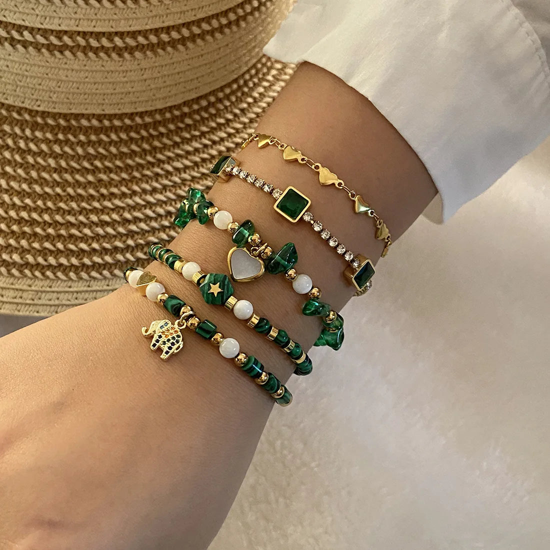 Wholesale Light Luxury Geometric Malachite Beaded Bracelet Gold Plated Chain Bracelet for Women Gift