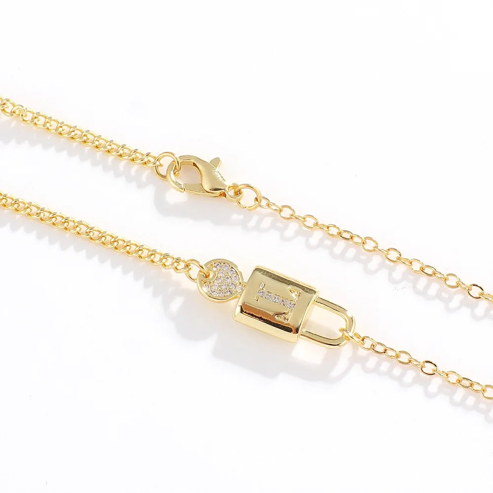 Qiuhan OEM Customized Zircon Initial Letters Key Lock and Key Link Layered Necklace