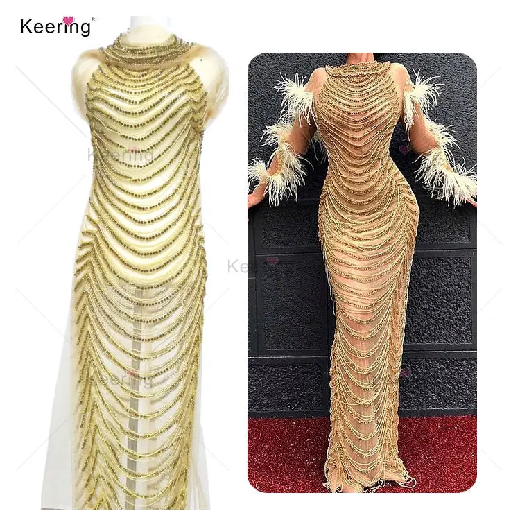 Horizontal Stripes French Beads Bodice Rhinestone Gold Full Body Applique for Fashion Dress WDP-052