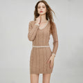 Women's Casual Slim Fit Cropped Top Mini Skirt 2-Piece Set Sexy Knit Cable Design V-Neck Long Sleeve High Waist Wool Sweater