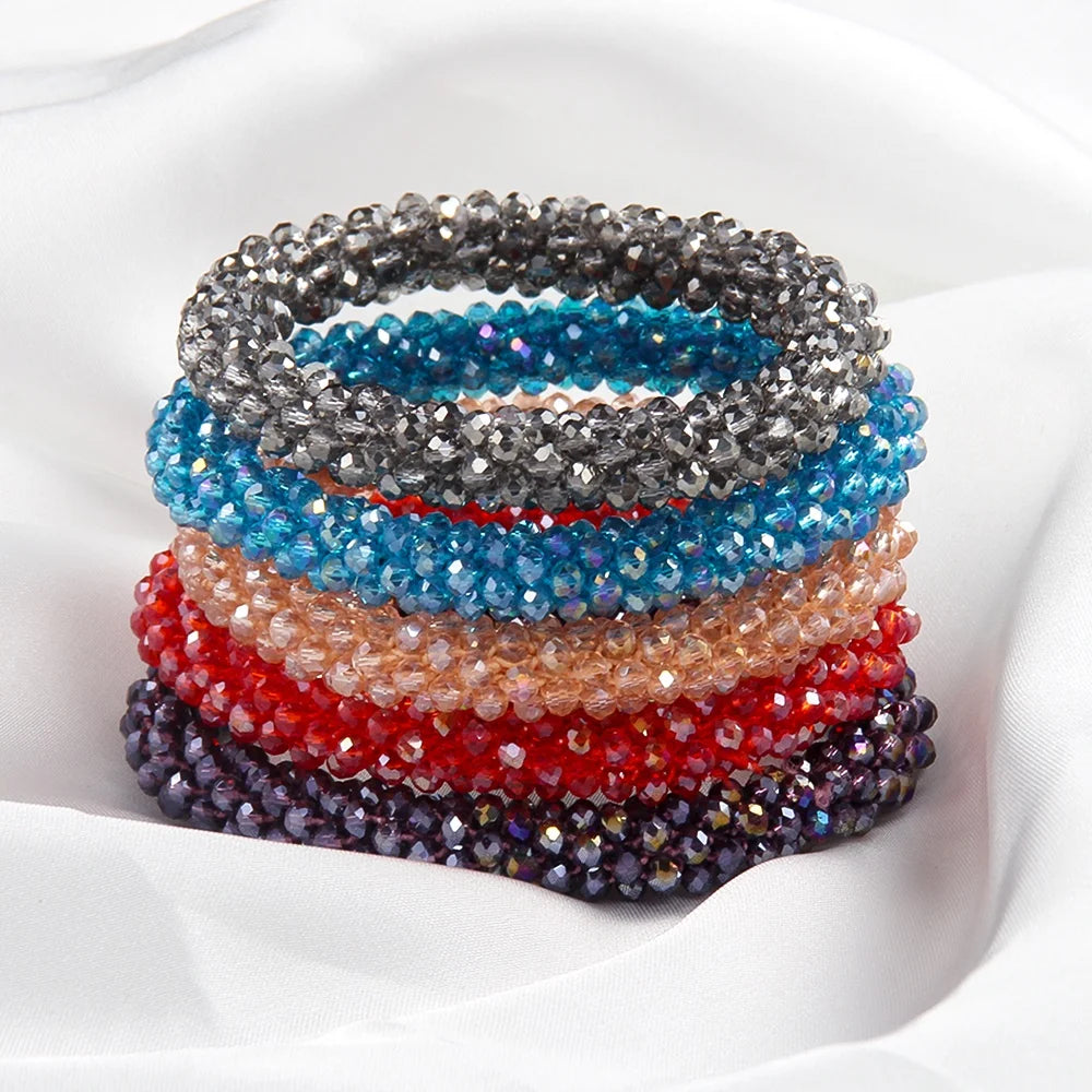 3 String Stretch Wrap Bracelet Headband Double Use Light Blue 3mm Mini Crystal Glass Beads Elastic Bracelet