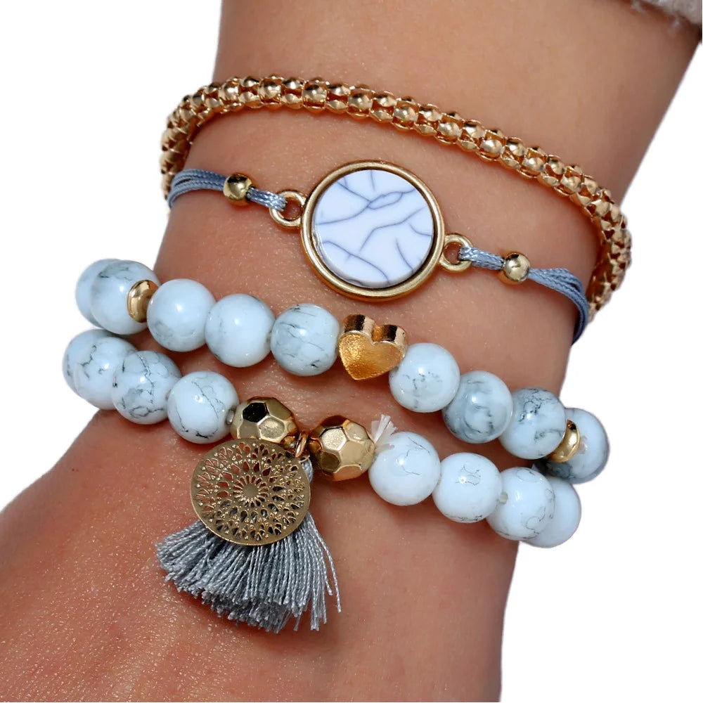 Bohemian Luxury Gold Bracelet Set for Women Natural Turquoise Pine Stone Turtle Bead Fashion Bangles
