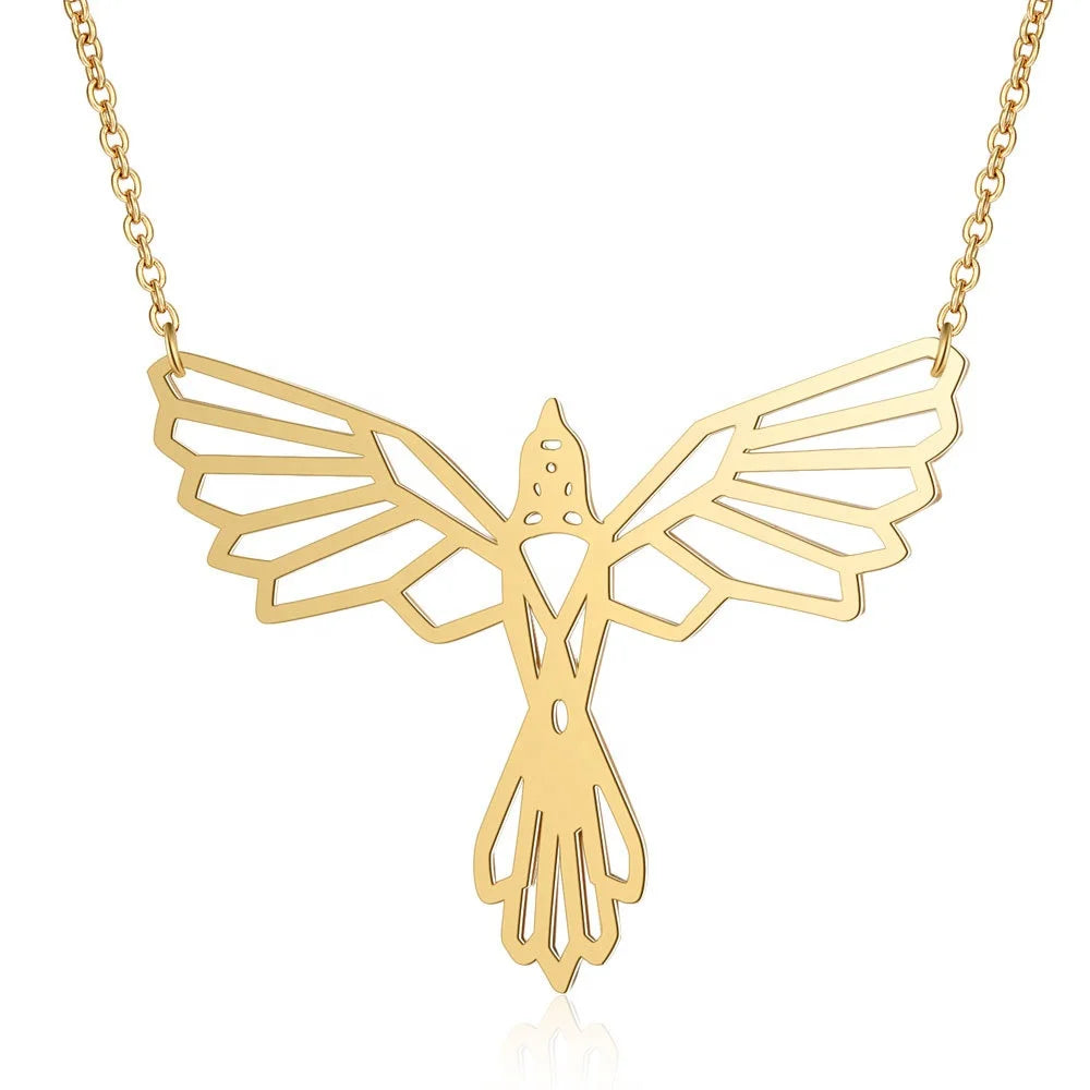 Lovely 18K Gold Silver Rose PVD Plated Stainless Steel Flexagon Origami Swallow Bird Pendant Necklace Jewelry for Woman