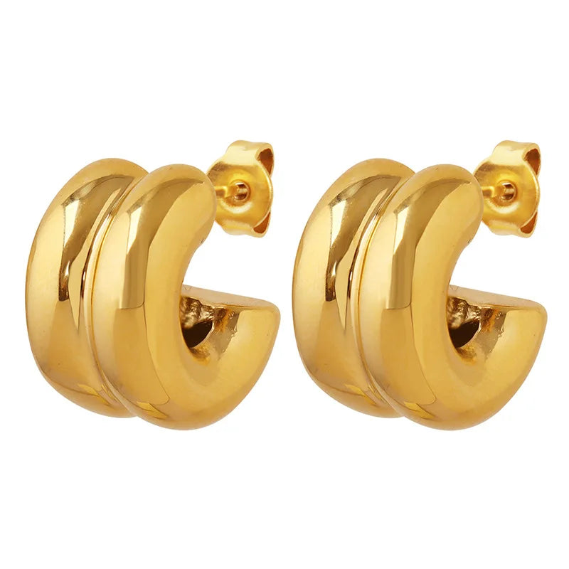 Waterproof Non Tarnish 18K Gold Plated High Polished 316L Stainless Steel Double Layer Cc Earring for Women YF3354