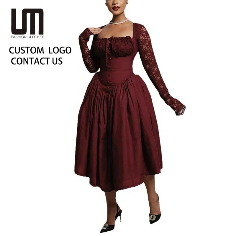 Liu Ming African Fashion Casual Women Clothes Lace Long Sleeve Gown Elegant Muslim Wedding Party Long Dress