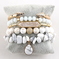 Bohemian Jewelry Gift Women 5pc CZ Ball Natural White Howlite Chip Stone Alloy Bar Druzy Bangle Stack Bracelets Sets