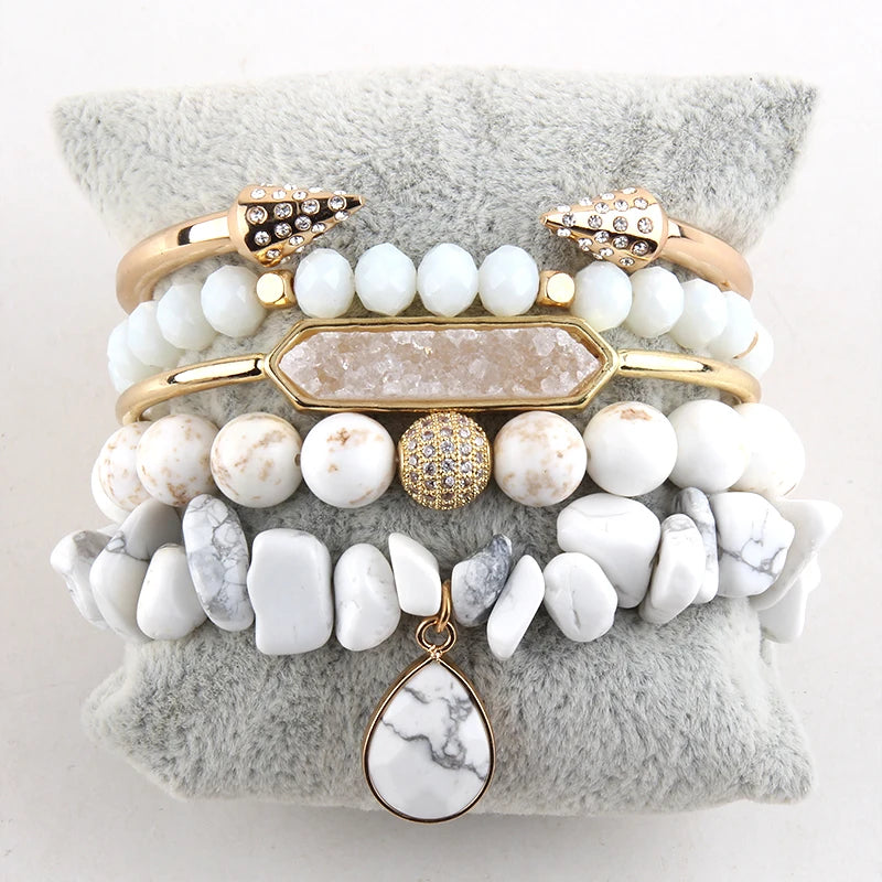 Bohemian Jewelry Gift Women 5pc CZ Ball Natural White Howlite Chip Stone Alloy Bar Druzy Bangle Stack Bracelets Sets