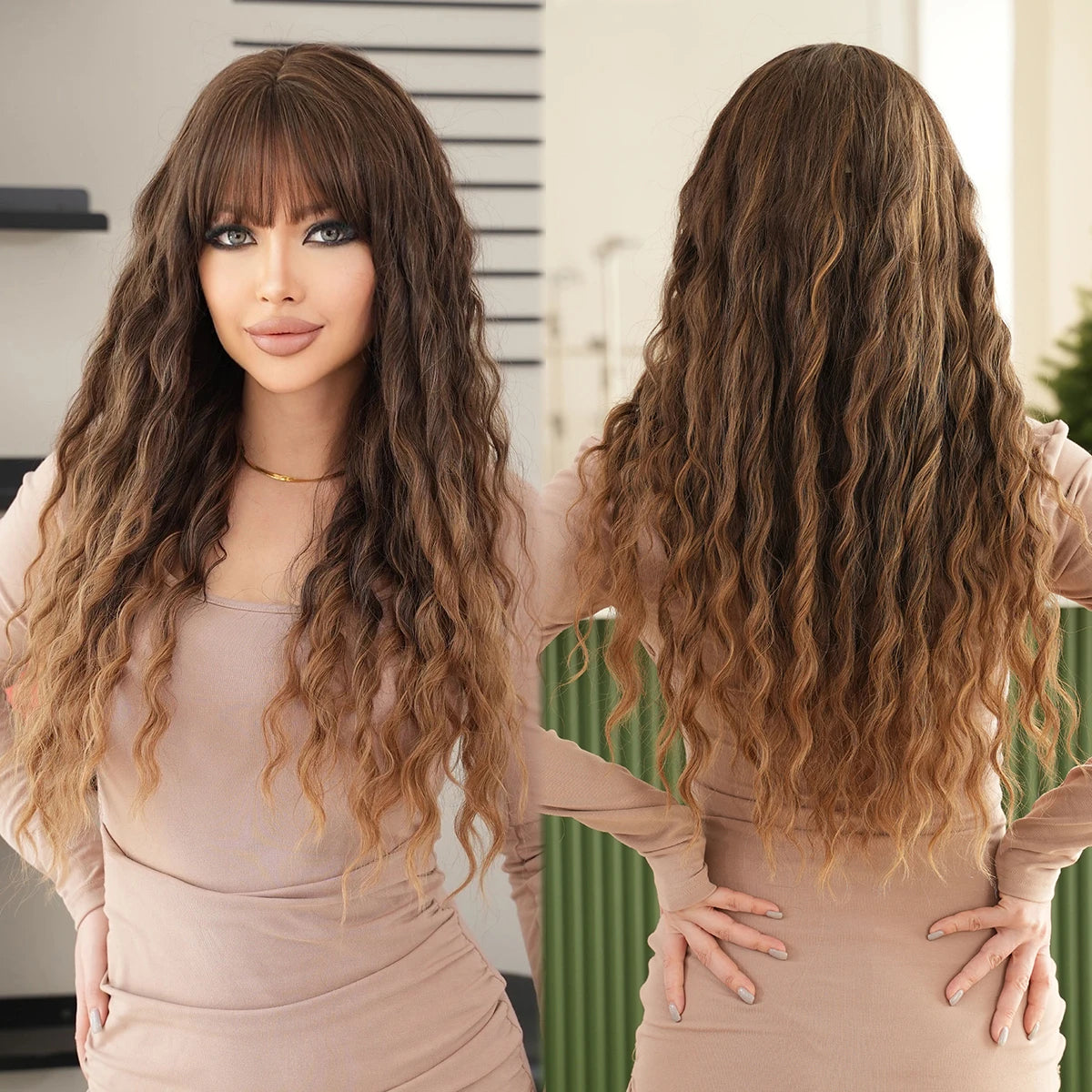 Wholesale Machine Wig With Bangs Long Wavy Ombre Light Brown Wig Natural Curly Synthetic Hair for Women Peluca Sintetica Daily