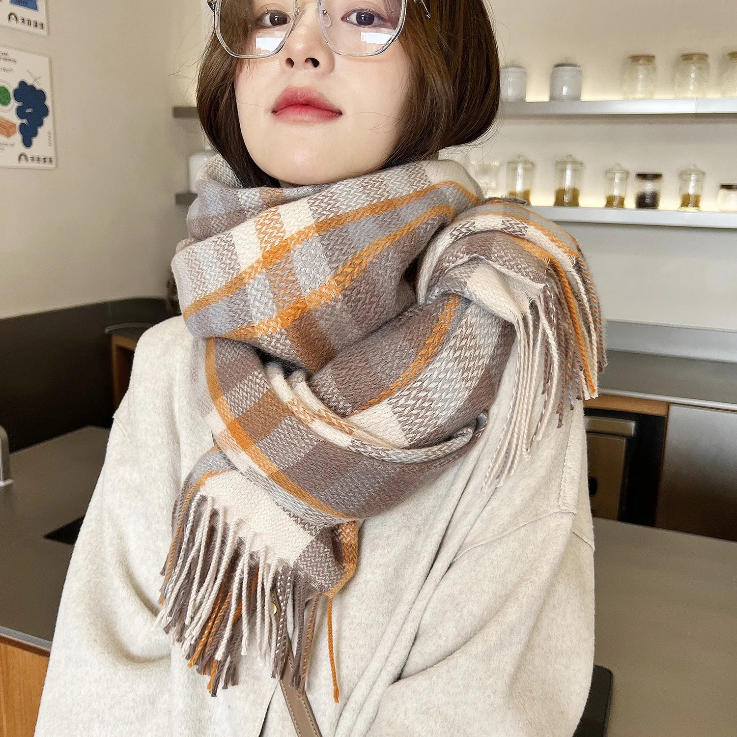 New Plaid Scarf for Women Winter High-End Thickened Warm Neck Warmer Faux Cashmere Scarf Shawl