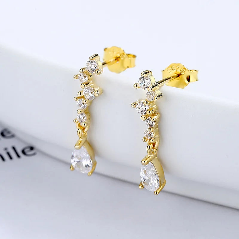 925 Sterling Silver Earring Geometric Zircon Water Drop Pendant Gold Plated Stud Earrings for Women
