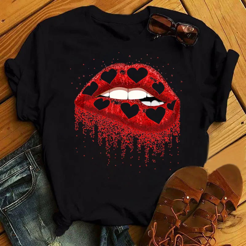 Women Summer Short Sleeve Tshirts Fashion Red Lips Finger Print Ladies T-shirts Top Cartoon Womens Graphic Tees T-Shirts
