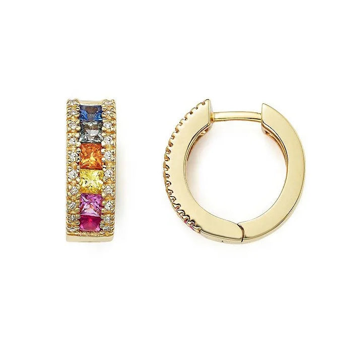 14k Gold 18k Gold Multi Colored Sapphire Diamond CZ Rainbow Hoop Earrings 925 Silver
