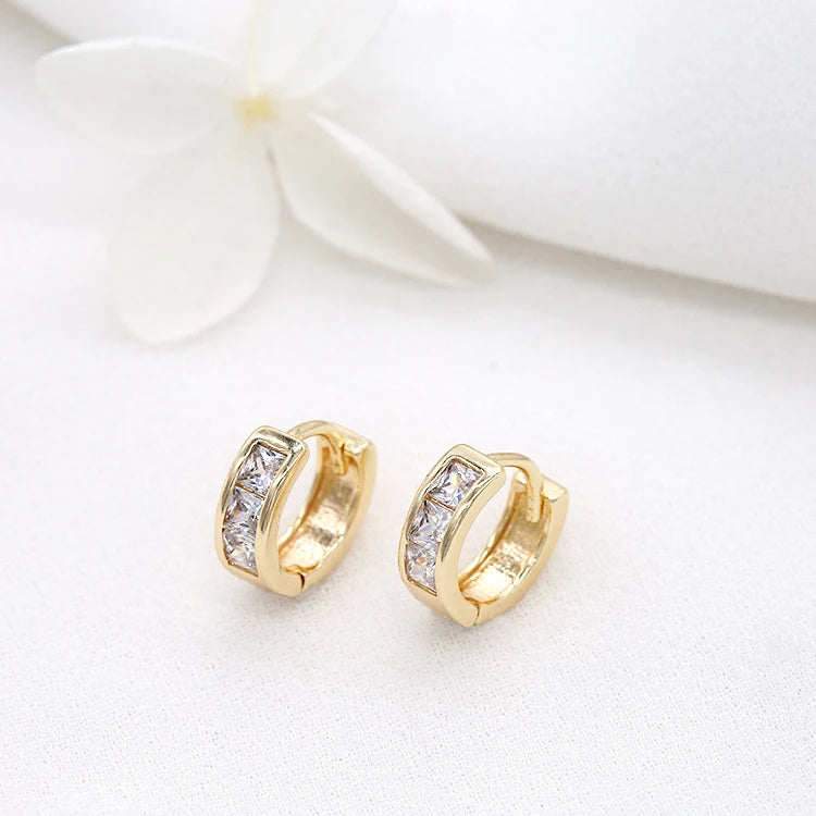 Simple Design Inlaid Zircon Round Shape 14K Gold Plated Small Hoop Earrings