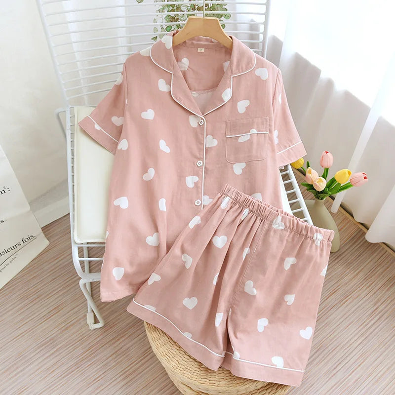 2025 New Cotton Pajamas Women's Summer Cute Short Sleeve Shorts Pure Cotton Gauze Set Can Be Outworn Home Fur