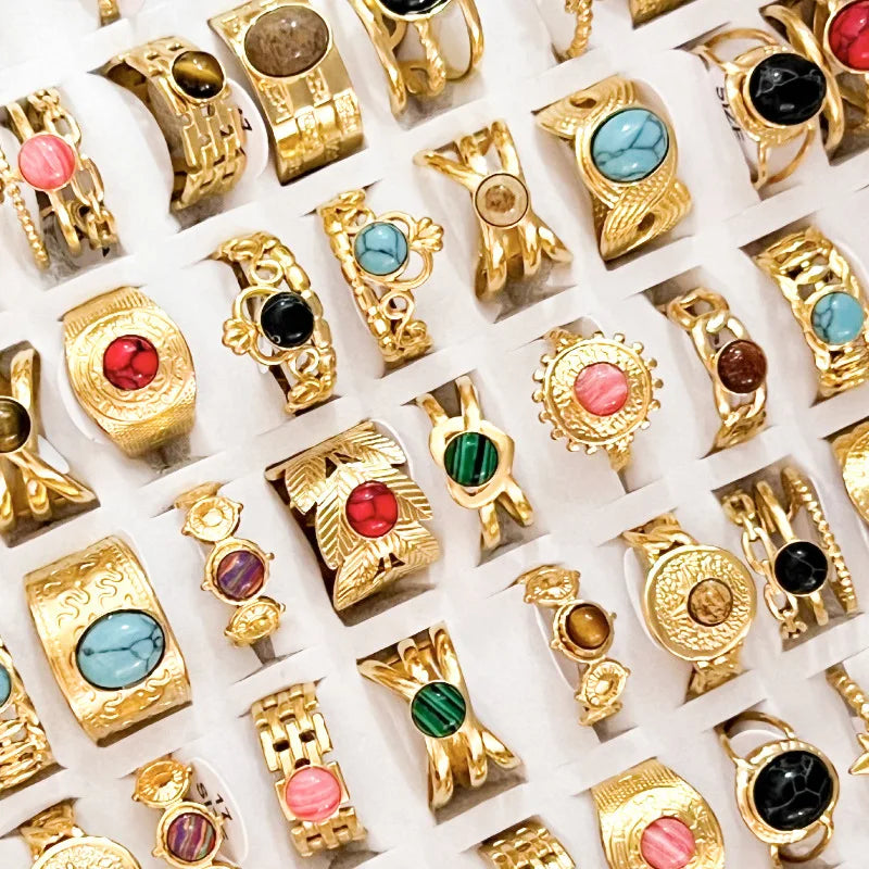 Surprising 18K Gold Plated Stainless Steel Rings Asscher Cut Natural Stone Micro Set Luxury Fashion Jewelry for Women Big Sale