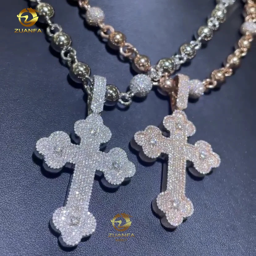 Wholesale Price Hip Hop Luxury Gold Rose Gold Silver Vvs baguette Moissanite Diamond Iced Out Cross Pendant Necklace